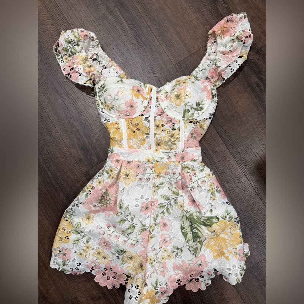 Floral Lace One-Piece Romper in White with Pink & Yellow Flowers